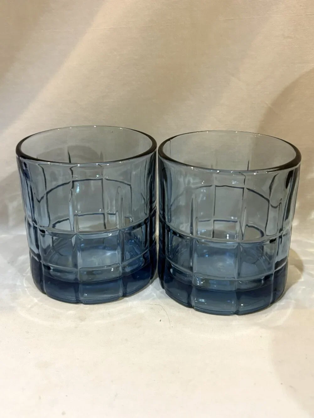 Pair of VTG Anchor Hocking Whiskey Glass Tartan Plaid Rocks Lowball Blue Glass